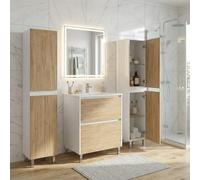 SANIVERRE Ensemble Meuble Vasque L.60cm + 2 colonnes sur Pied Blanc laqué 2 tiroirs Chêne Naturel Collection Salle de Bain LISBONA