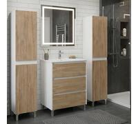 SANIVERRE Ensemble Meuble Vasque L.60cm + 2 colonnes sur Pied Blanc laqué 3 tiroirs Chêne Naturel Collection Salle de Bain LISBONA