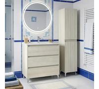 SANIVERRE Ensemble Meuble Vasque L.80cm + 1 Colonne sur Pied 3 tiroirs Chêne Blanchi Collection Salle de Bain LISBONA