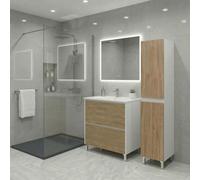 SANIVERRE Ensemble Meuble Vasque L.80cm + 1 Colonne sur Pied Blanc laqué 2 tiroirs Chêne Naturel Collection Salle de Bain LISBONA