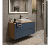 SANIVERRE EVA Meuble Vasque à Poser Suspendu L.100 cm Chêne Naturel 2 Tiroirs Bleu Mer Cannelé (sans Colonne) Salle de Bain