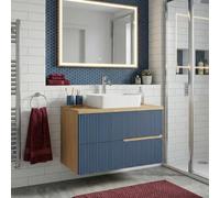 SANIVERRE EVA Meuble Vasque à Poser Suspendu L.80 cm Chêne Naturel 2 Tiroirs Bleu Mer Cannelé sans Colonne - Salle de Bain