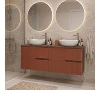 SANIVERRE Meuble Double Vasque à Poser L. 120 cm Chêne Moka 4 tiroirs Brique cannelé Collection Salle de Bain EVA - sans Colonne