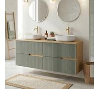 SANIVERRE Meuble Double Vasque à Poser L. 120 cm Chêne Naturel 4 tiroirs Vert Sauge cannelé Collection Salle de Bain EVA - sans Colonne