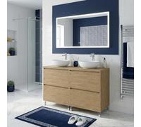 SANIVERRE Meuble Double Vasque à Poser L. 120 cm sur Pied 4 tiroirs Chêne Naturel Collection Salle de Bain LISBONA - sans Colonne