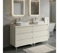 SANIVERRE Meuble Double Vasque à Poser L. 120 cm sur Pied 6 tiroirs Chêne Blanchi Collection Salle de Bain LISBONA - sans Colonne