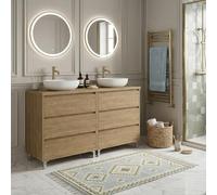 SANIVERRE Meuble Double Vasque à Poser L. 120 cm sur Pied 6 tiroirs Chêne Naturel Collection Salle de Bain LISBONA - sans Colonne