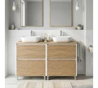 SANIVERRE Meuble Double Vasque à Poser L. 120 cm sur Pied Blanc laqué 4 tiroirs Chêne Naturel Collection Salle de Bain LISBONA - sans Colonne