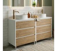 SANIVERRE Meuble Double Vasque à Poser L. 120 cm sur Pied Blanc laqué 6 tiroirs Chêne Naturel Collection Salle de Bain LISBONA - sans Colonne