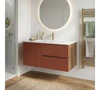 SANIVERRE Meuble Simple Vasque L.100cm à Suspendre Chêne Moka 2 tiroirs Brique cannelé Collection Salle de Bain EVA - sans Colonne