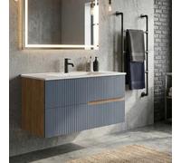 SANIVERRE Meuble Simple Vasque L.100cm à Suspendre Chêne Naturel 2 tiroirs Bleu Mer cannelé Collection Salle de Bain EVA - sans Colonne