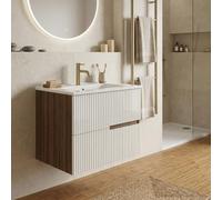 SANIVERRE Meuble Simple Vasque L.60cm à Suspendre Chêne Moka 2 tiroirs Blanc Brillant cannelé Collection Salle de Bain EVA- sans Colonne