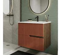 SANIVERRE Meuble Simple Vasque L.60cm à Suspendre Chêne Moka 2 tiroirs Brique cannelé Collection Salle de Bain EVA - sans Colonne
