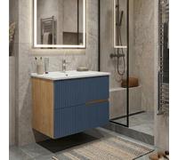 SANIVERRE Meuble Simple Vasque L.60cm à Suspendre Chêne Naturel 2 tiroirs Bleu Mer cannelé Collection Salle de Bain EVA - sans Colonne