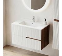 SANIVERRE Meuble Simple Vasque L.80cm à Suspendre Chêne Moka 2 tiroirs Blanc Brillant cannelé Collection Salle de Bain EVA - sans Colonne