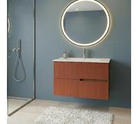 SANIVERRE Meuble Simple Vasque L.80cm à Suspendre Chêne Moka 2 tiroirs Brique cannelé Collection Salle de Bain EVA - sans Colonne