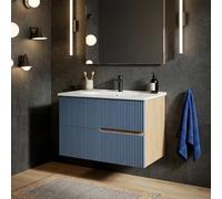 SANIVERRE Meuble Simple Vasque L.80cm à Suspendre Chêne Naturel 2 tiroirs Bleu Mer cannelé Collection Salle de Bain EVA - sans Colonne