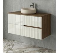SANIVERRE Meuble Vasque à Poser L.100cm Suspendu Chêne Moka 2 tiroirs Blanc Brillant cannelé Collection Salle de Bain EVA - sans Colonne