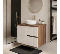 SANIVERRE Meuble Vasque à Poser L.60cm Suspendu Chêne Moka 2 tiroirs Blanc Brillant cannelé Collection Salle de Bain EVA - sans Colonne