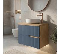 SANIVERRE Meuble Vasque à Poser L.60cm Suspendu Chêne Naturel 2 tiroirs Bleu Mer cannelé Collection Salle de Bain EVA - sans Colonne