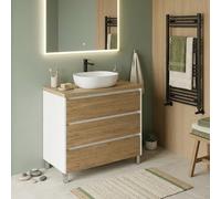 SANIVERRE Meuble Vasque à Poser L.80cm sur Pied Blanc laqué 3 tiroirs Chêne Naturel Collection Salle de Bain LISBONA - sans Colonne