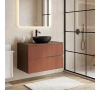 SANIVERRE Meuble Vasque à Poser L.80cm Suspendu Chêne Moka 2 tiroirs Brique cannelé Collection Salle de Bain EVA - sans Colonne