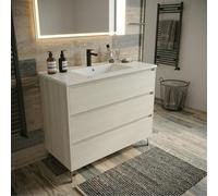 SANIVERRE Meuble Vasque L.100cm sur Pied 3 tiroirs Chêne Blanchi Collection Salle de Bain LISBONA - sans Colonne