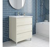 SANIVERRE Meuble Vasque L.60cm sur Pied 3 tiroirs Chêne Blanchi Collection Salle de Bain LISBONA - sans Colonne