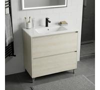 SANIVERRE Meuble Vasque L.80cm sur Pied 2 tiroirs Chêne Blanchi Collection Salle de Bain LISBONA - sans Colonne