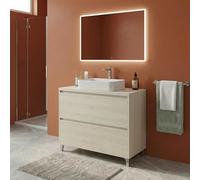 SANIVERRE Meuble Vasque sur Pied L.100 cm 2 Tiroirs Chêne Blanchi Collection Salle de Bain LISBONA avec Plan à Poser