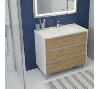 SANIVERRE Meuble Vasque sur Pied L.100 cm Blanc Laqué 3 Tiroirs Chêne Naturel Collection Salle de Bain LISBONA sans Colonne avec Vasque Encastrée en Céramique