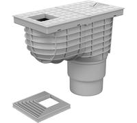 SaniVia Bonde de gouttière DN 110/125 - avec Couvercle Excentrique - Siphon Anti-odeurs et piège à saleté - Raccord pour Tuyau de Descente de 75 à 125 mm - Montage à Plat - Gris