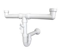 Sanixa GO1006ss Siphon double blanc peu encombrant avec raccord universel 1 1/2" et raccord d'appareil pour cuisine et salle de bain
