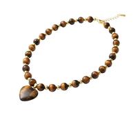 Sanixa Karma NH11424314 Collier pour femme en pierre naturelle 42 cm Chaîne avec pendentif en forme de cœur Œil de tigre Bijoux pour femme Réglable Collier pour femme Chaîne en forme de cœur