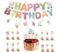 SANJSJHXJ Lot de 20 décorations d'anniversaire crème glacée, guirlande Happy Birthday, bannière réutilisable pour garçons et filles, fond photo, décoration suspendue, idée cadeau