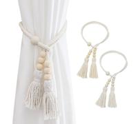 SanKristo 2 pièces, Deux façons d'attacher Cordon Rideau à Pompons Boho sans Perforation Longueur réglable avec décoration Perles en Bois Cordon Rideau tissé Accessoires embrasses Rideaux Beige