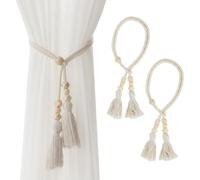 SanKristo 2 pièces, Deux façons d'attacher Cordon Rideau à Pompons Boho sans Perforation Longueur réglable avec décoration Cubes en Bois Cordon Rideau tissé Accessoires embrasses Rideaux Beige