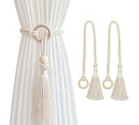 SanKristo 2 Pièces Embrasses de Rideaux en Coton Naturel, Embrasse à Bohème Rideaux Ajustables avec Pendentif Pompon, Rideaux Tissé à La Main avec Boucle Circulaire pour la Chambre à Coucher (Beige)