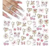 SanKristo 24 pièces de strass pour nail art, charms dorés - Strass brillants 3D argentés et roses - Fleur, nœud Y2K, cœur, étoile couronne cerise pierres précieuses décorations cadeaux DIY ensemble