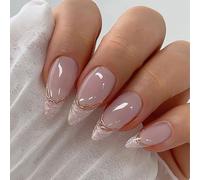 SanKristo 24 pièces faux ongles à coller, French long amande bord doré design pailleté avec finition brillante accessoires ongles pour femmes et filles, colle amovible douce, rose