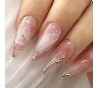 SanKristo 24 pièces faux ongles à coller, French long amande pailleté avec design 3D brillant accessoires ongles pour femmes et filles, colle amovible douce, dégradé rose blanc
