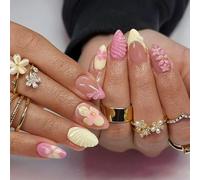 SanKristo 24 Pièces Faux Ongles Court Amande, Ongle Artificiel avec Pointe Française Rose Jaune et Ondulation de Fleur 3d, Ongles Réutilisable Français Faux Ongle pour les Femmes et les Filles