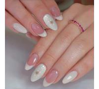 SanKristo 24 Pièces Faux Ongles Longue Amande, Ongle Artificiel avec Pointe Française Blanc de Fleur 3d, Ongles Réutilisable Français Faux Ongle pour les Femmes et les Filles
