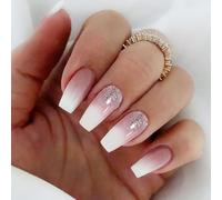 SanKristo 24 Pièces Longue Carrée DéGradéE Presse Ongles, Ongle Artificiel Scintillant Avec Ombre De Blanc et Rose, Ongles PresséS Réutilisables Faux Ongle Autocollant Femmes et Filles