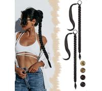 SanKristo 2PCS 76CM Extension Queue Cheval Tressée Cheveux, Longue Élastique Tresses Droites Enveloppantes Ponytail Accessoires Pince perruque Postiches Naturel Lisse Synthétiques Rajout Femmes, Noir