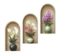 SanKristo 3 pièces 21 * 39 cm Motif vases à fleurs autocollant mural Vases à fleurs 3D Plante en pot Décoration murale autocollante Plantes vertes Feuilles Tableau moderne Salon Bureau Hôtel Cuisine