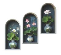 SanKristo 3 pièces 21 * 39CM Fleurs de lotus Autocollants muraux Plante en pot Vases à fleurs 3D Plantes vertes et feuilles Décoration murale Moderne Tableau mural pour salon Bureau Hôtel Cuisine
