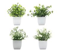 SanKristo 4 Pièces Plantes Artificielles avec Pot, Hauteur 16cm Petite Faux Plante Edelweiss, Myriophylle, Achillée, Marguerite, Mini Plastique Plantes pour D'Intérieur et D'Extérieur Décoration