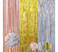 SanKristo 6 Pièces Rideau Métallique de Frange, 1m x 1m Rideau Brillant D'arc-en-ciel Métallique, Rideaux Métalliques en Guirlande pour La Décoration des Fêtes D'anniversaire, Or/Argent/Or Rose