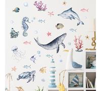 SanKristo Autocollants Muraux Fluorescents pour Animaux Océan Bleus, Stickers Autocollants Monde Océanique Dauphin Poisson Tortue Algues, Chambre de Garçon Salon Salle de Bain Décoration Murale